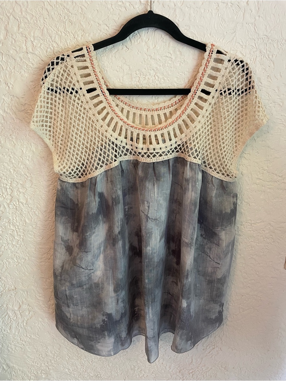 Hem & Thread Cream Crochet Yoke with Blue Gray Tie-Dye Bodice Oversized Top